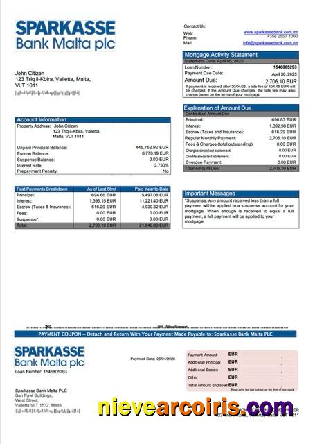 Malta Sparkasse Bank Malta PLC mortgage statement Word and PDF template